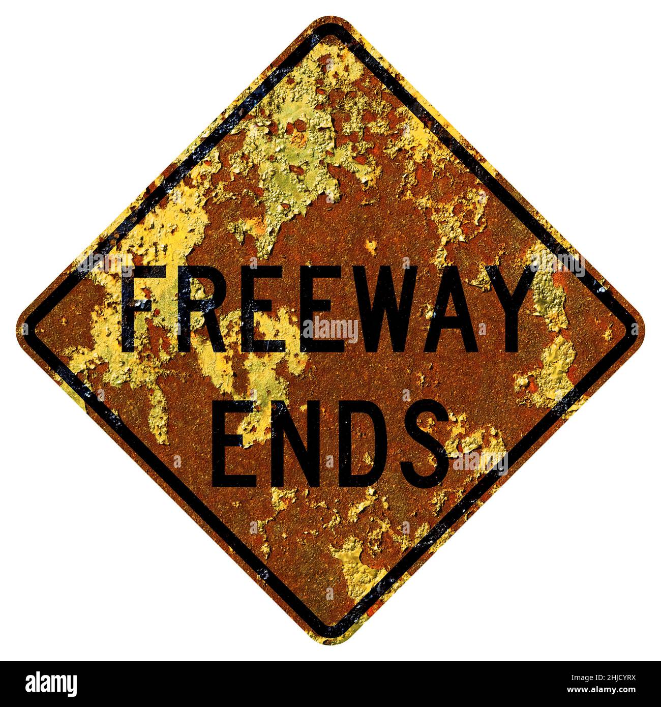 Vecchio cartello stradale americano arrugginito - la superstrada termina Foto Stock