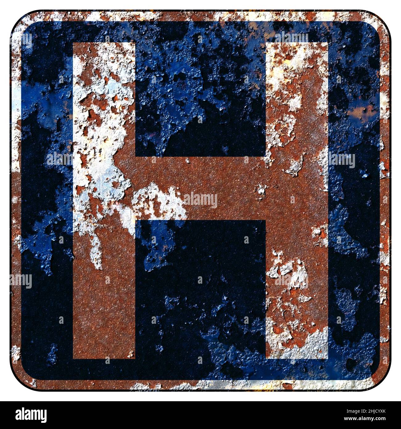 Vecchio cartello stradale americano arrugginito - cartello ospedale Foto Stock