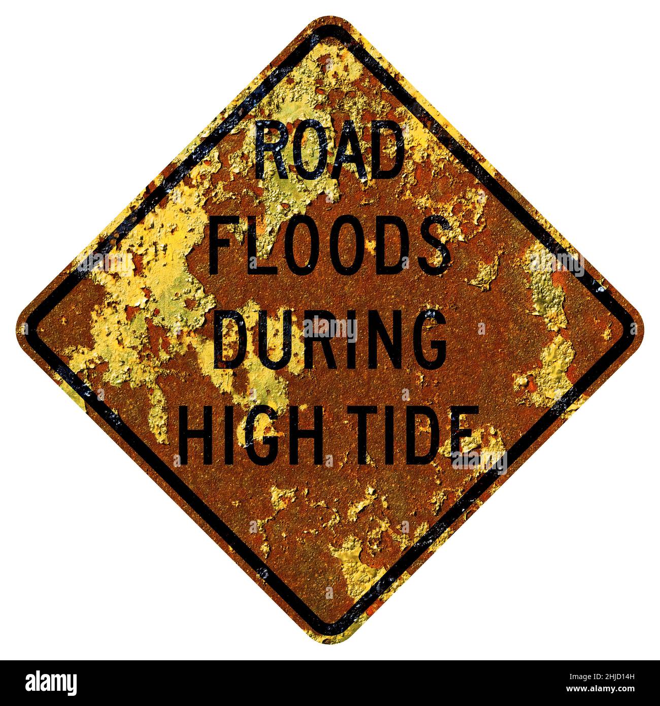 Vecchio segnale stradale americano arrugginito - la strada alluvia durante l'alta marea, Hawaii Foto Stock