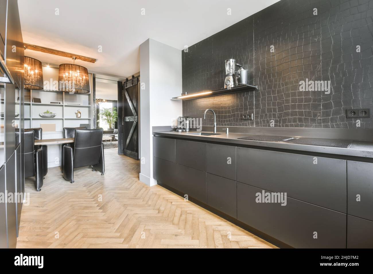 Cucina in una nuova casa di lusso, pavimenti in legno duro, armadi scuri Foto Stock