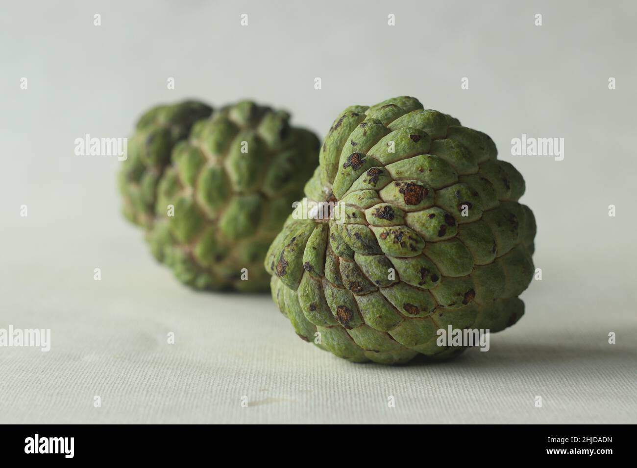 Crema di mele. Un frutto della famiglia Cherimoya con pelle verde e similare. Al suo interno ha una carne bianca cremosa e dolce. Scatto su sfondo bianco Foto Stock