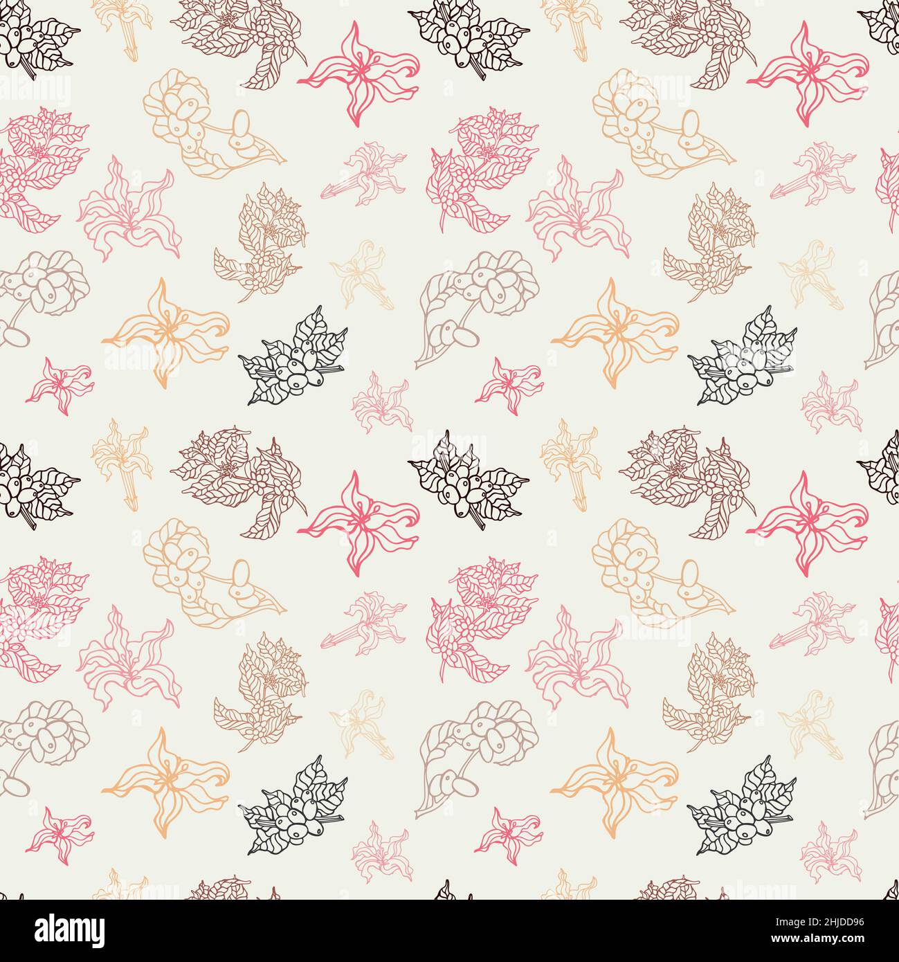 Modello senza cuciture di ramificazione di caffè e fiori, per carta da imballaggio, carta da parati, tessuto, sfondo, stampa, confezione regalo, copertina del notebook Illustrazione Vettoriale