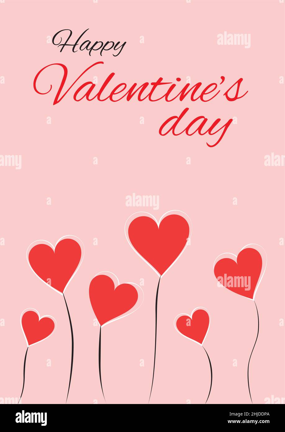 Illustrazione vettoriale colore rosa biglietto di auguri di San Valentino con testo in alto e forme del cuore come piante Illustrazione Vettoriale