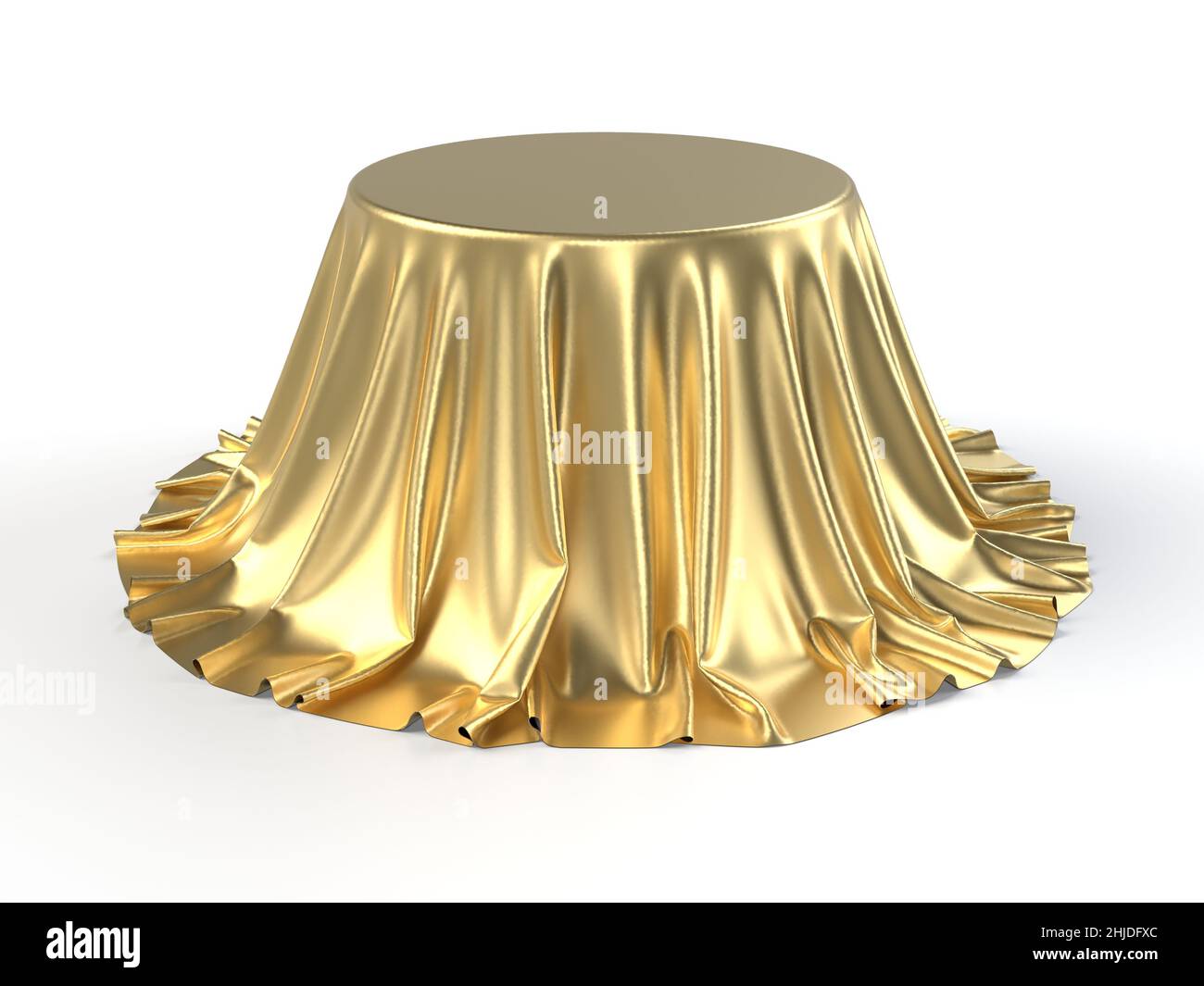 Scatola rotonda rivestita con tessuto dorato isolato su sfondo bianco Foto Stock