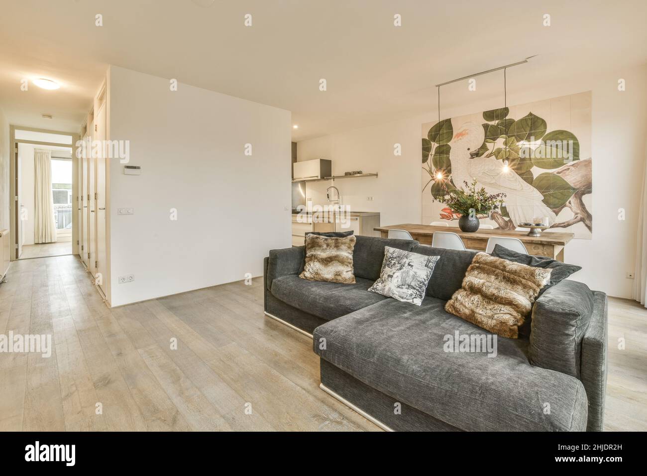 Bellissimo soggiorno interno con pavimenti in legno Foto Stock