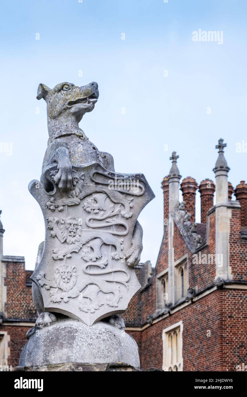 Hampton Court Palace. Greyhound bianco di Richmond (una delle bestie della regina); scudo blasoned con 3 leoni - simbolico dei Tudors & di Enrico VI Foto Stock
