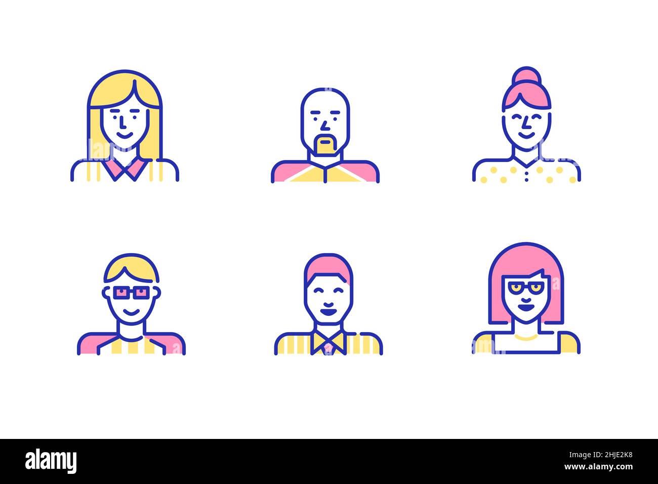 Divertente stile cartoon semplice line art icone profilo utente set. Ragazze, ragazzi e lavoratori professionisti. Pixel Perfect, tratto modificabile, colorato Illustrazione Vettoriale