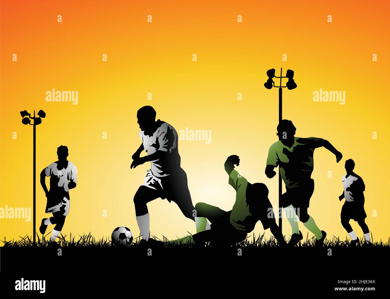 Silhouette dinamica dei giocatori di calcio alla grafica Sunset Action Sports Illustrazione Vettoriale