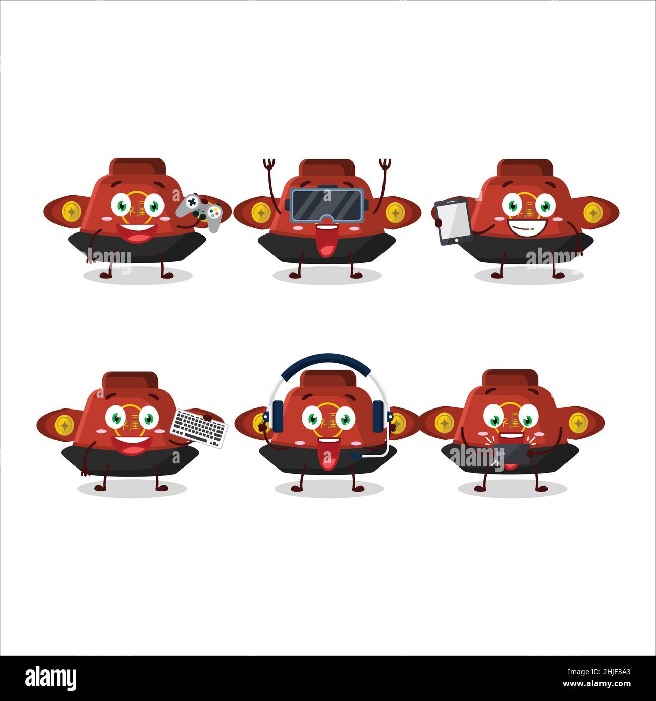 Rosso personaggio cinese di cartoon cappello stanno giocando con vari simpatici emoticon. Illustrazione vettoriale Illustrazione Vettoriale