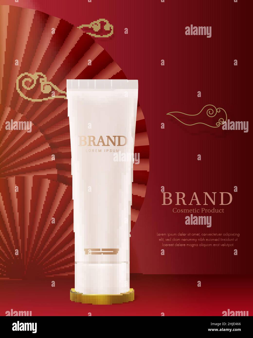 Tubo con crema cosmetica sul podio dorato. Stile cinese con ventilatori rossi e nuvole. Illustrazione Vettoriale