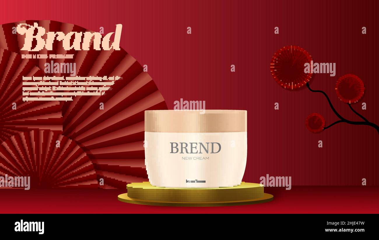 Vaso con crema cosmetica su sfondo rosso in stile cinese con ventilatori rossi. Illustrazione Vettoriale