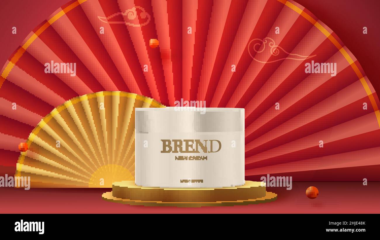 Vaso con crema cosmetica su sfondo rosso. Prodotti cosmetici ad design. Illustrazione Vettoriale