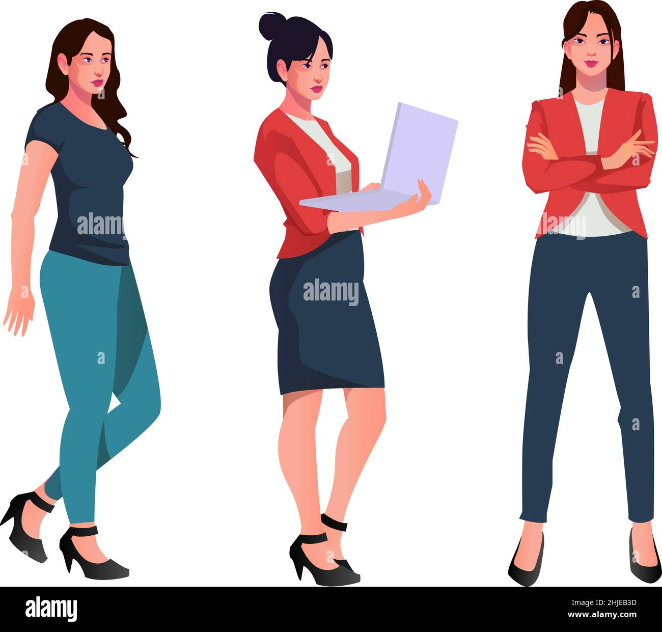 set di donne lavoratrici vettoriali personaggi design in abiti da ufficio diffrent poses fronte retro e laterale vista reale stile personaggio Illustrazione Vettoriale