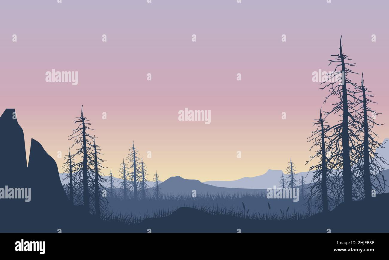 Vista realistica delle montagne con la foresta dal bordo della scogliera all'alba. Illustrazione vettoriale di una città Illustrazione Vettoriale