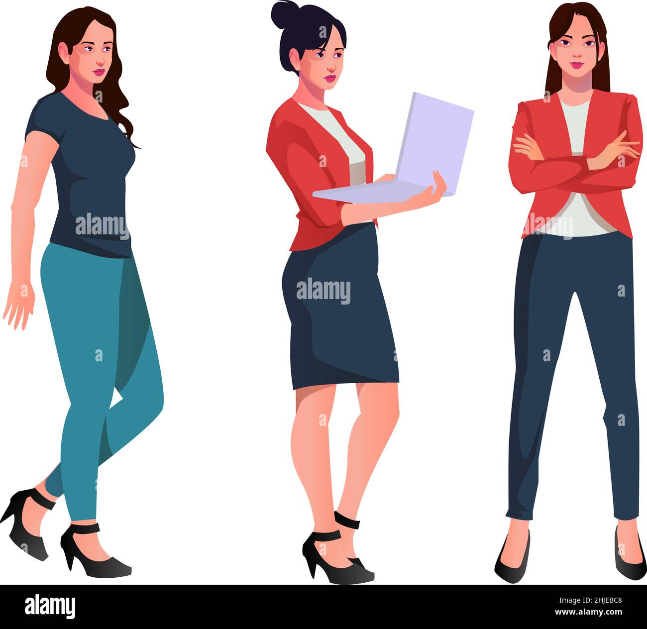 set di donne lavoratrici vettoriali personaggi design in abiti da ufficio diffrent poses fronte retro e laterale vista reale stile personaggio Illustrazione Vettoriale