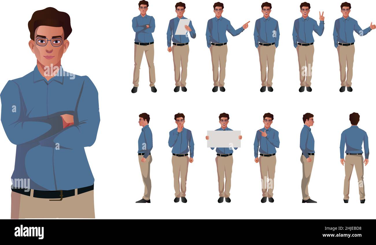 set di uomini d'affari personaggi vettoriali design diffrent poses fronte retro e vista laterale vero stile personaggio Illustrazione Vettoriale