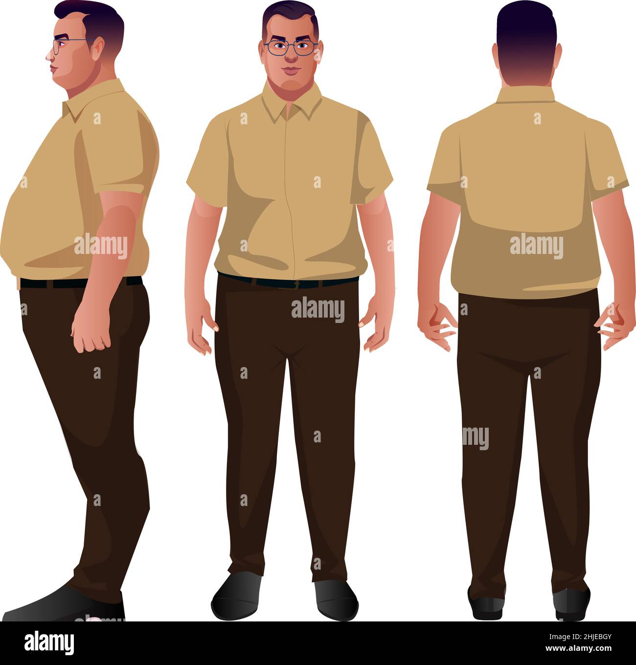 set di fat business uomini vettoriali personaggi design diffrent poses fronte retro e vista laterale vero stile personaggio Illustrazione Vettoriale