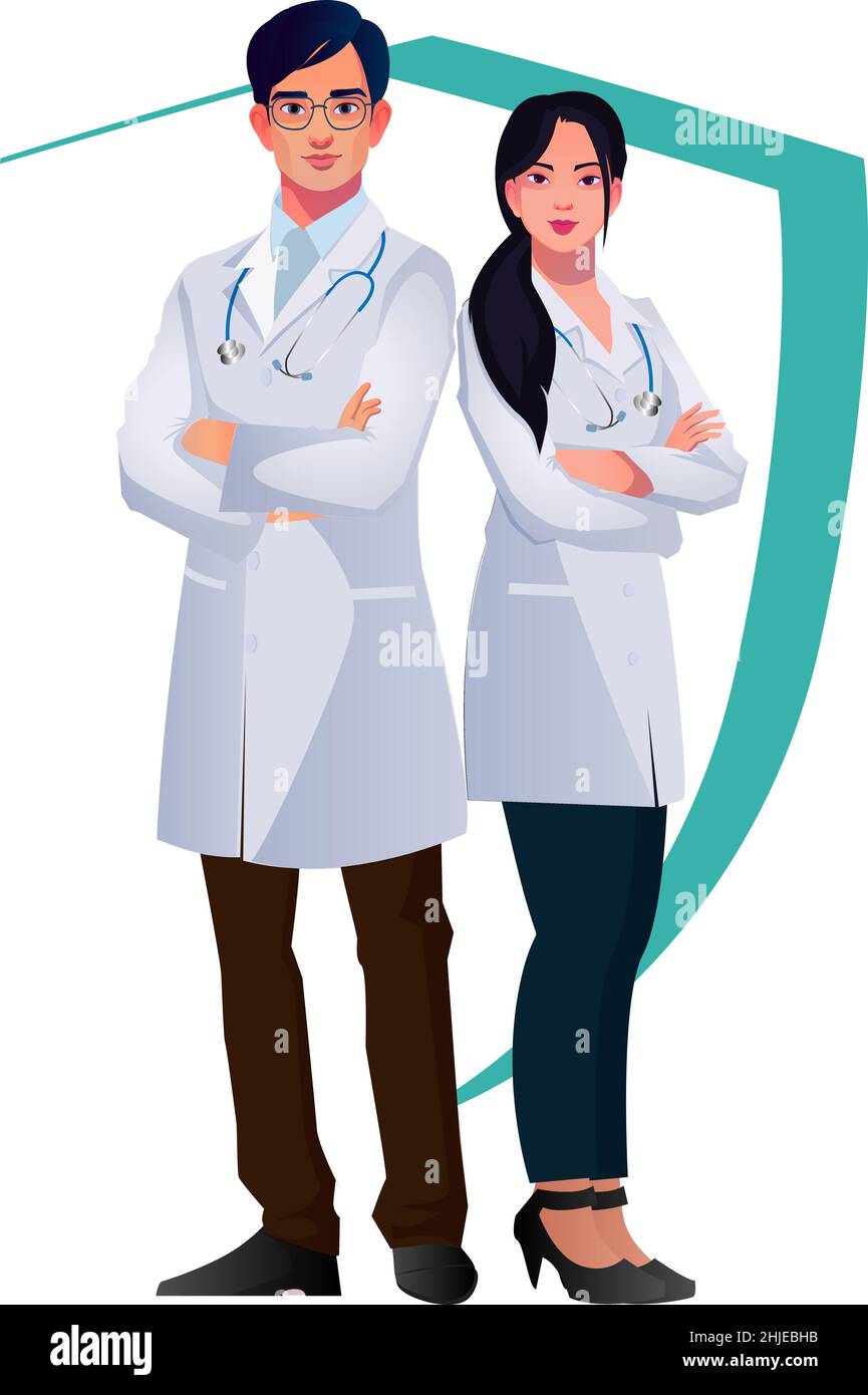 giovane bello maschio e femmina dottore caratteri con maschera set assistenza sanitaria vettore illustrazione Illustrazione Vettoriale