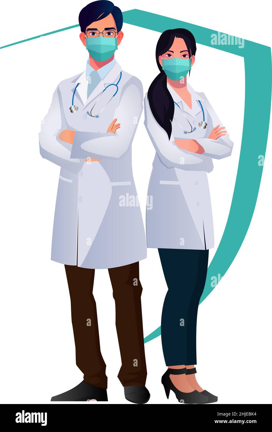 giovane bello maschio e femmina dottore caratteri con maschera set assistenza sanitaria vettore illustrazione Illustrazione Vettoriale