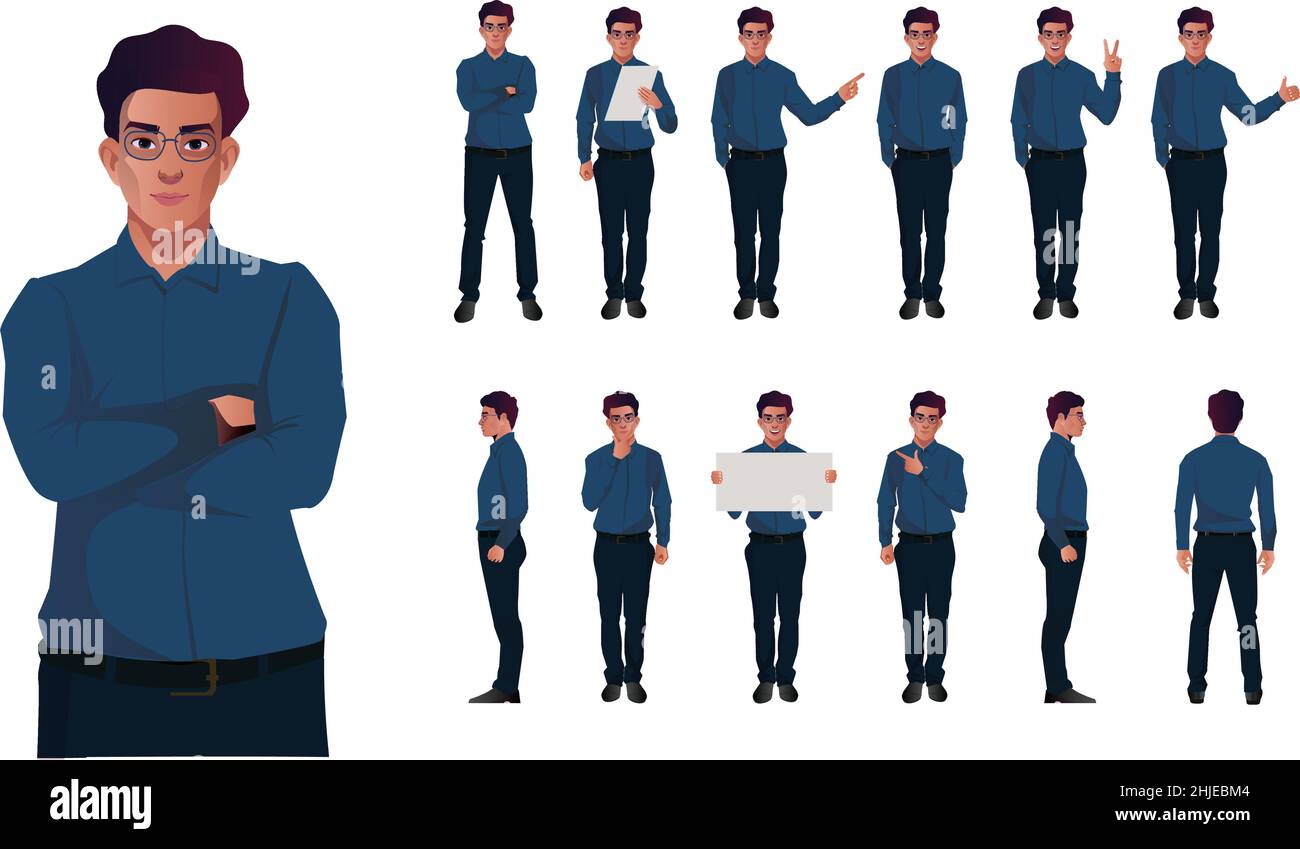 set di uomini d'affari personaggi vettoriali design diffrent poses fronte retro e vista laterale vero stile personaggio Illustrazione Vettoriale