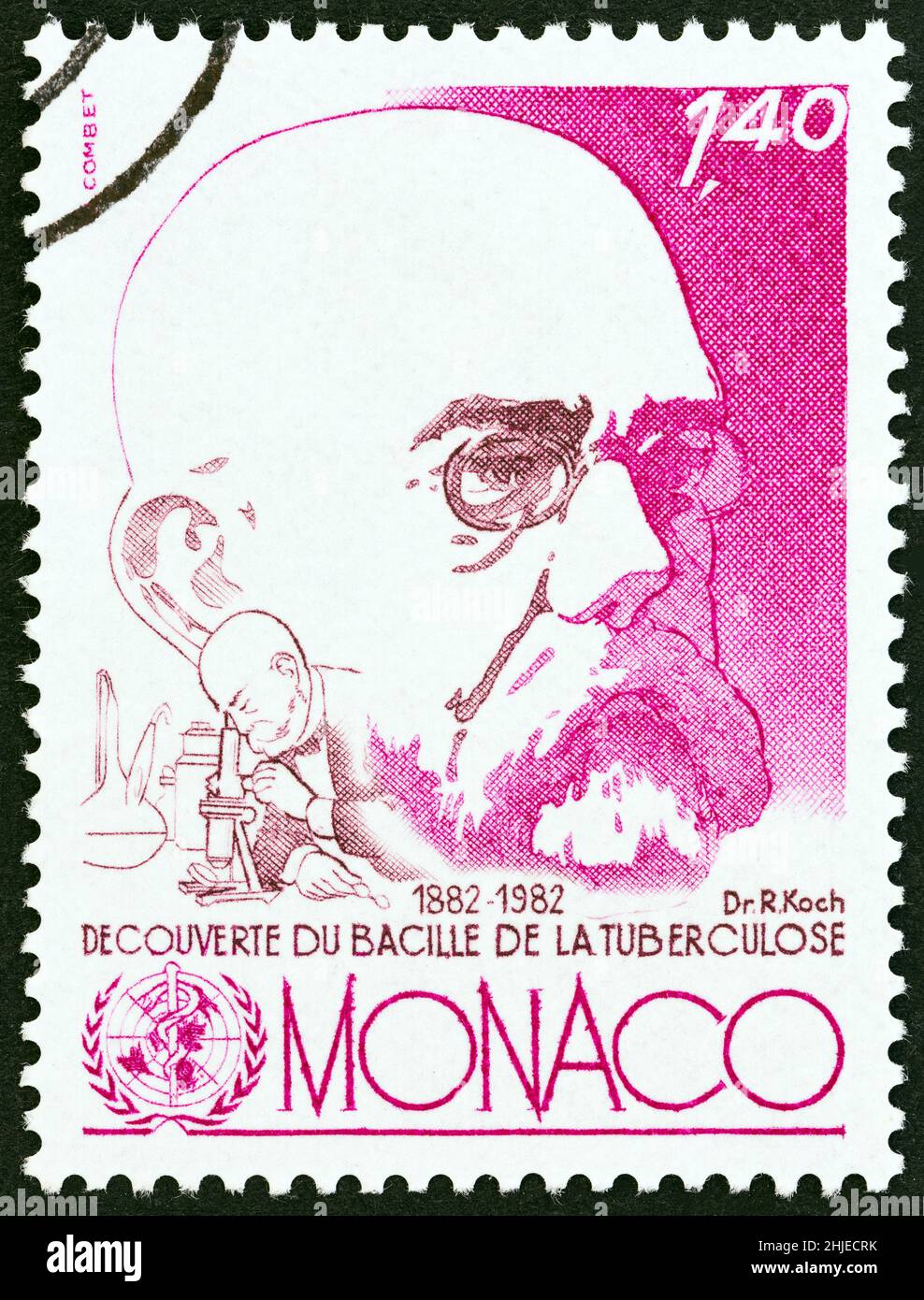MONACO - CIRCA 1982: Un francobollo stampato a Monaco pubblicato per il 100th anniversario della scoperta del bacillo tubercolo mostra il Dr. Robert Koch, circa 1982. Foto Stock