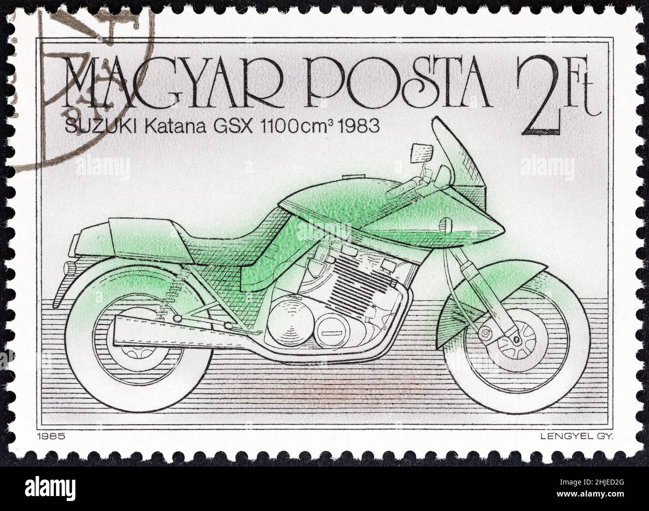 UNGHERIA - CIRCA 1985: Un francobollo stampato in Ungheria dal numero 'Centenario della motocicletta' mostra Suzuki Katana GSX 1100, 1983, circa 1985. Foto Stock
