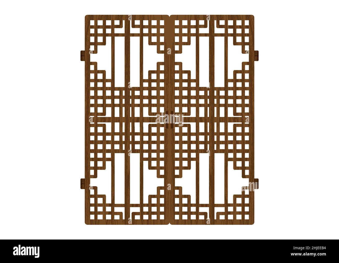 Tradizionale modello di cornice in ornamento coreano. Doppia porta antica decorazione arte grafica vettoriale. Legno di superficie naturale. Illustrazione Vettoriale