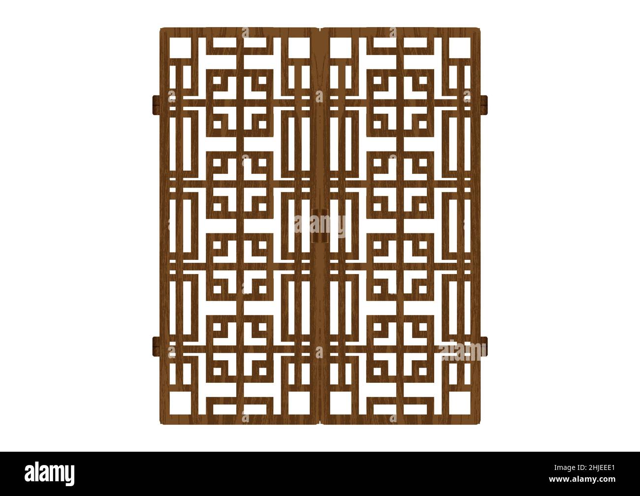 Struttura tradizionale coreana in ornamento. Doppia porta antica decorazione arte grafica vettoriale. Legname di legno naturale per superfici. Illustrazione Vettoriale