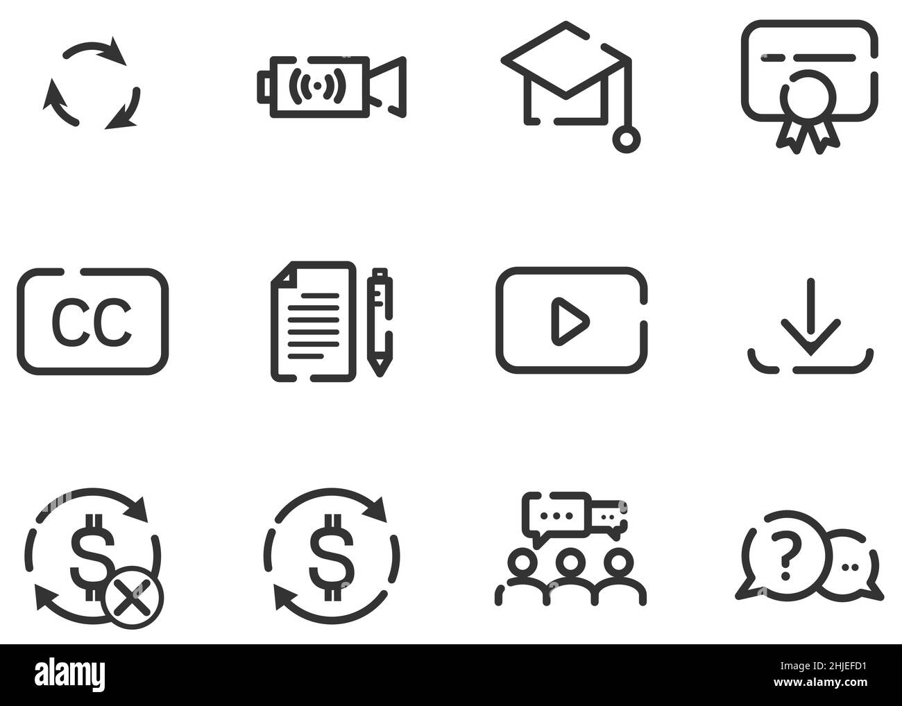 Icone lineari per l'istruzione online. Applicazione dello strumento di apprendimento per l'allievo. Include streaming, download, progetto, file, supporto, comunità, certificato, acce Illustrazione Vettoriale