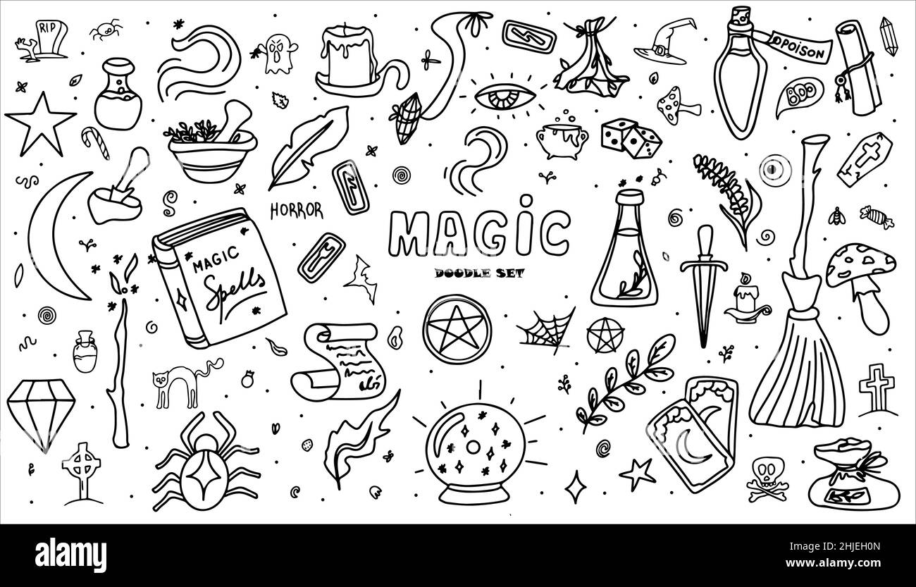 Set di scarabucini magici disegnati a mano. Icone vettoriali di oggetti magici. Collezione Halloween Elements. Scopa magica, pozioni, carte che raccontano fortuna, rune, libri Illustrazione Vettoriale