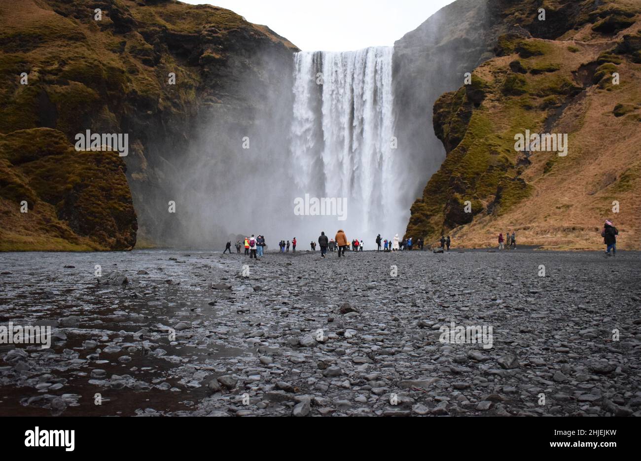 Gennaio 22 Islanda del Sud Un gruppo di turisti che visitano la famosa cascata islandese, Skogafoss. La gente è oscesa dall'enorme cascata alle loro spalle Foto Stock
