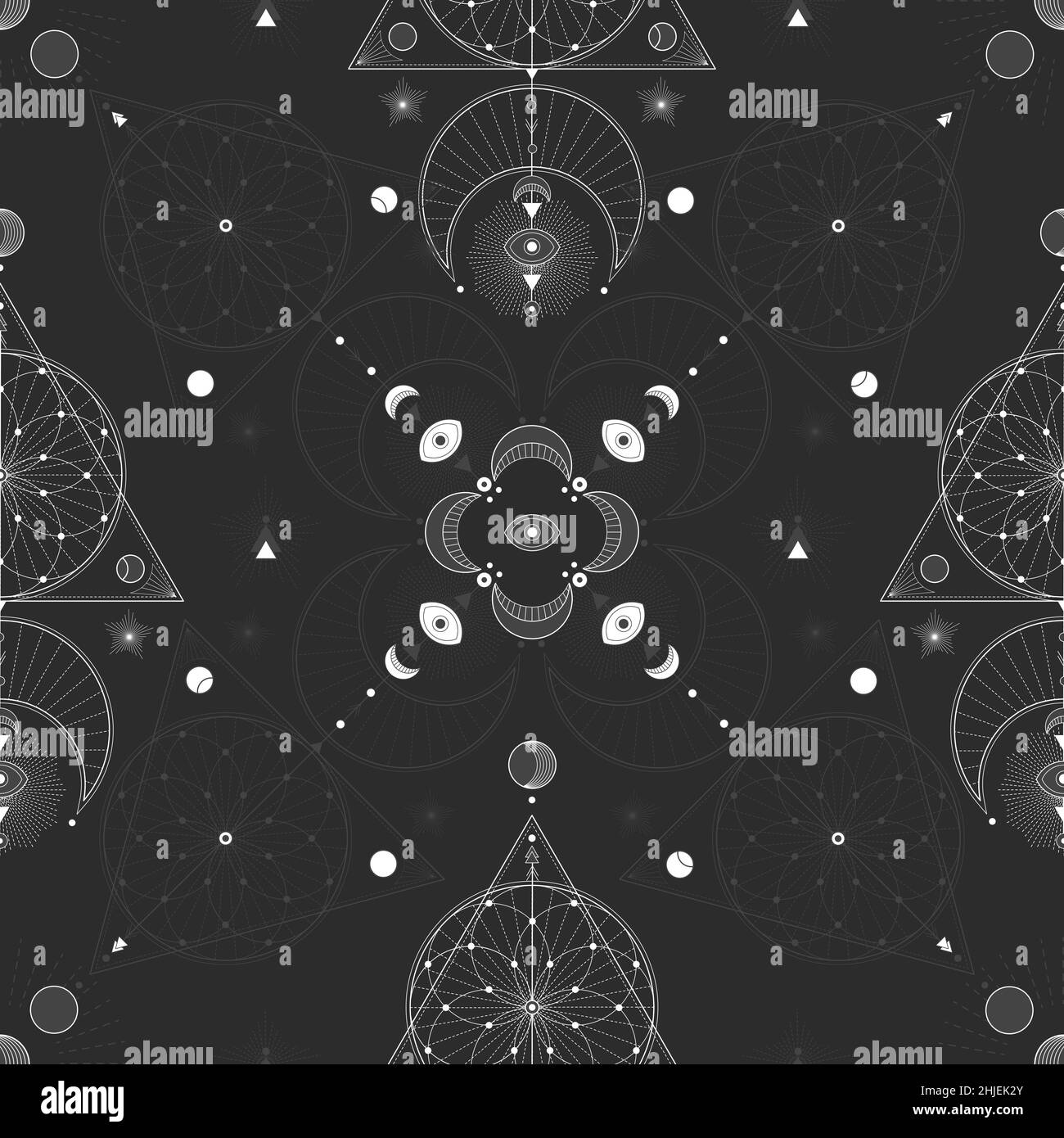 Disegno senza giunture con simboli geometrici sacri. Sfondo con segni magici. Illustrazione Vettoriale