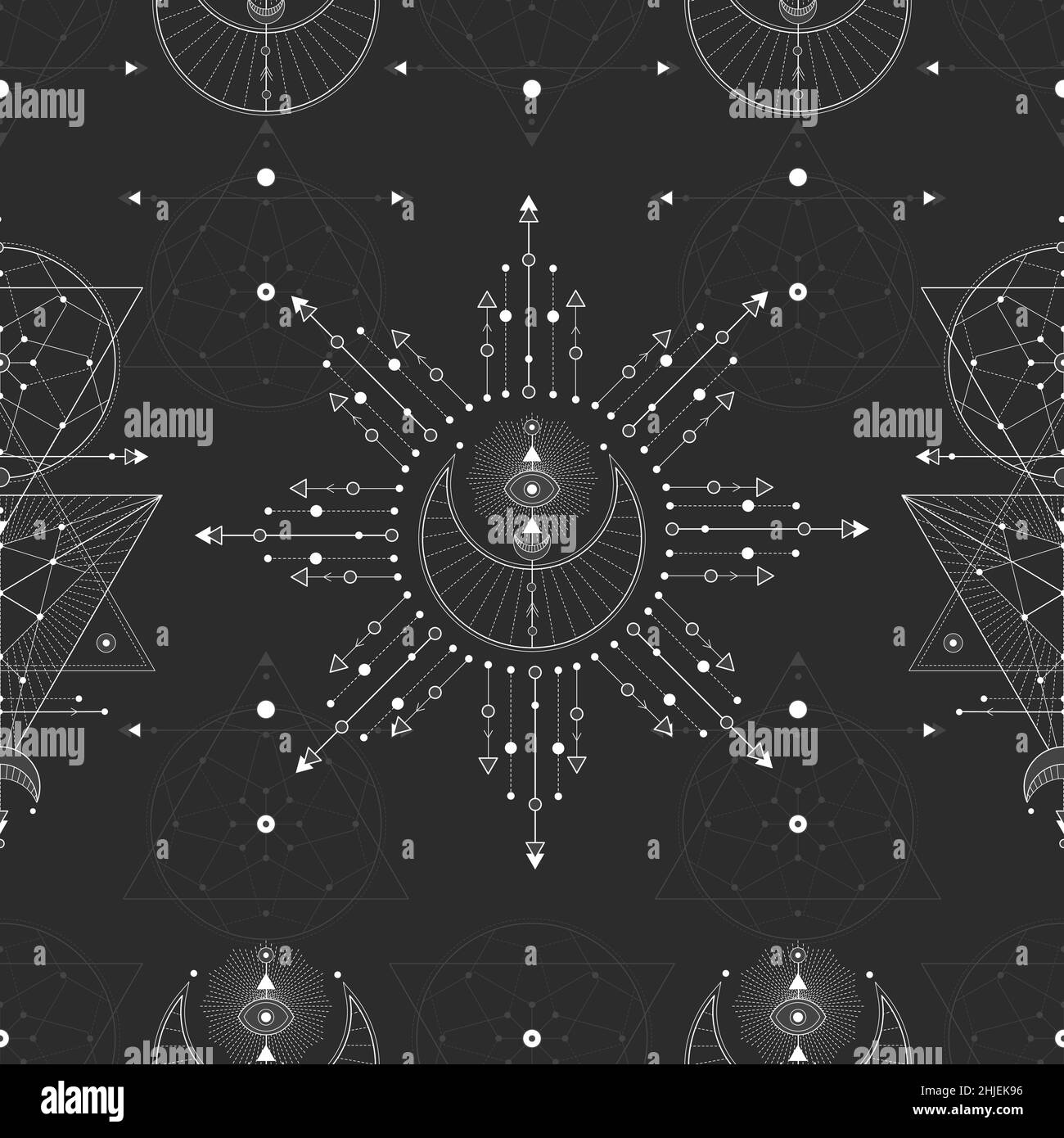 Disegno senza giunture con simboli geometrici sacri. Sfondo con segni magici. Illustrazione Vettoriale