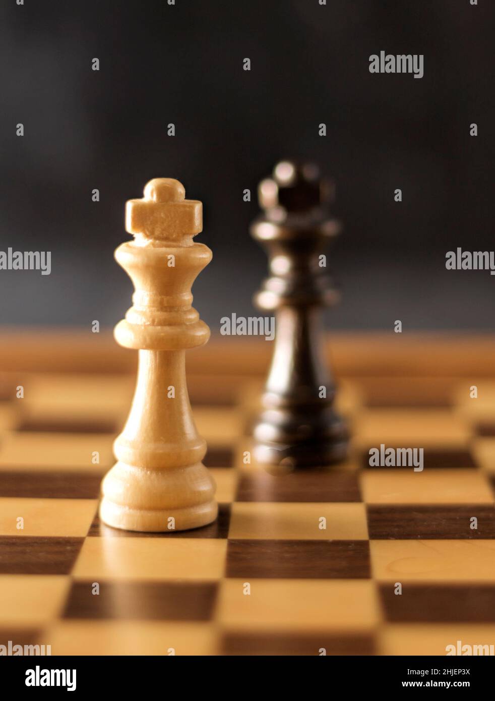 Gioco di scacchi con pezzi di legno bianco e nero su una scacchiera di legno. Foto Stock