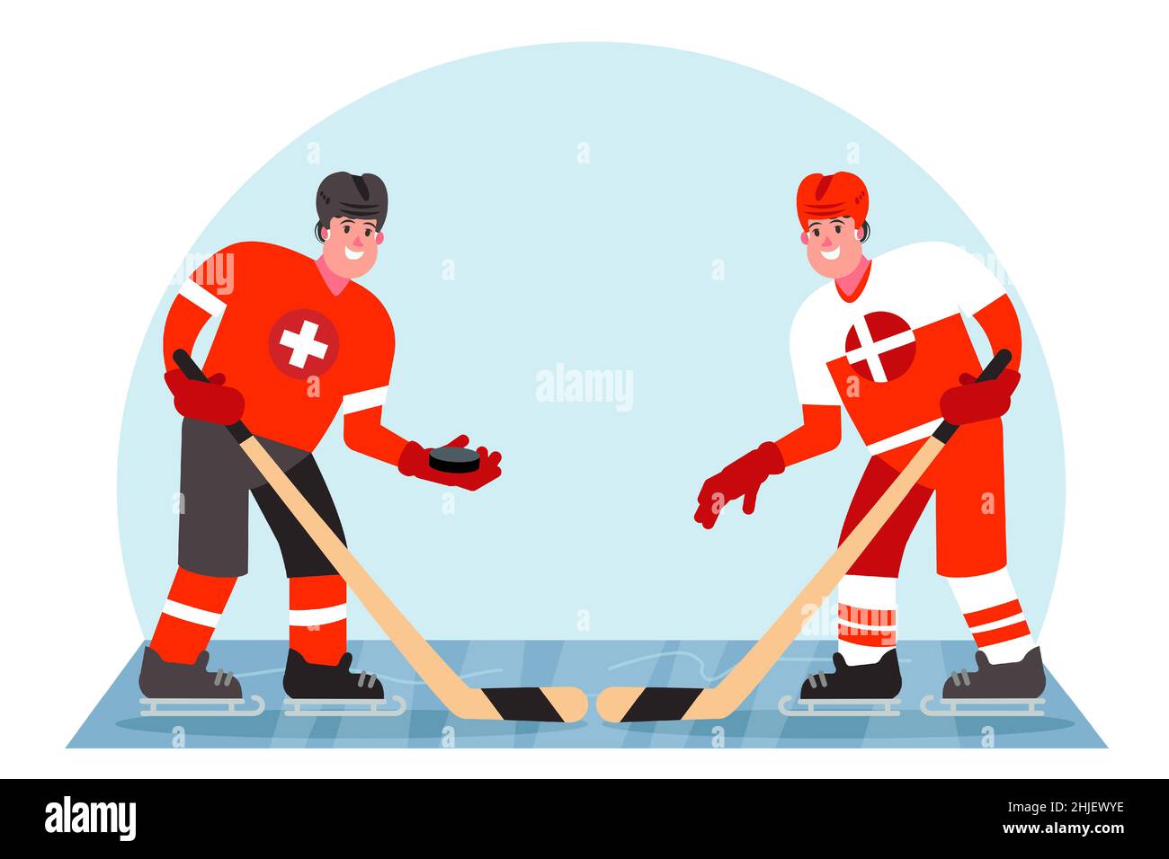Giocatori di hockey su ghiaccio. Concorrenza tra Svizzera e Danimarca. Illustrazione vettoriale in stile piatto. Illustrazione Vettoriale