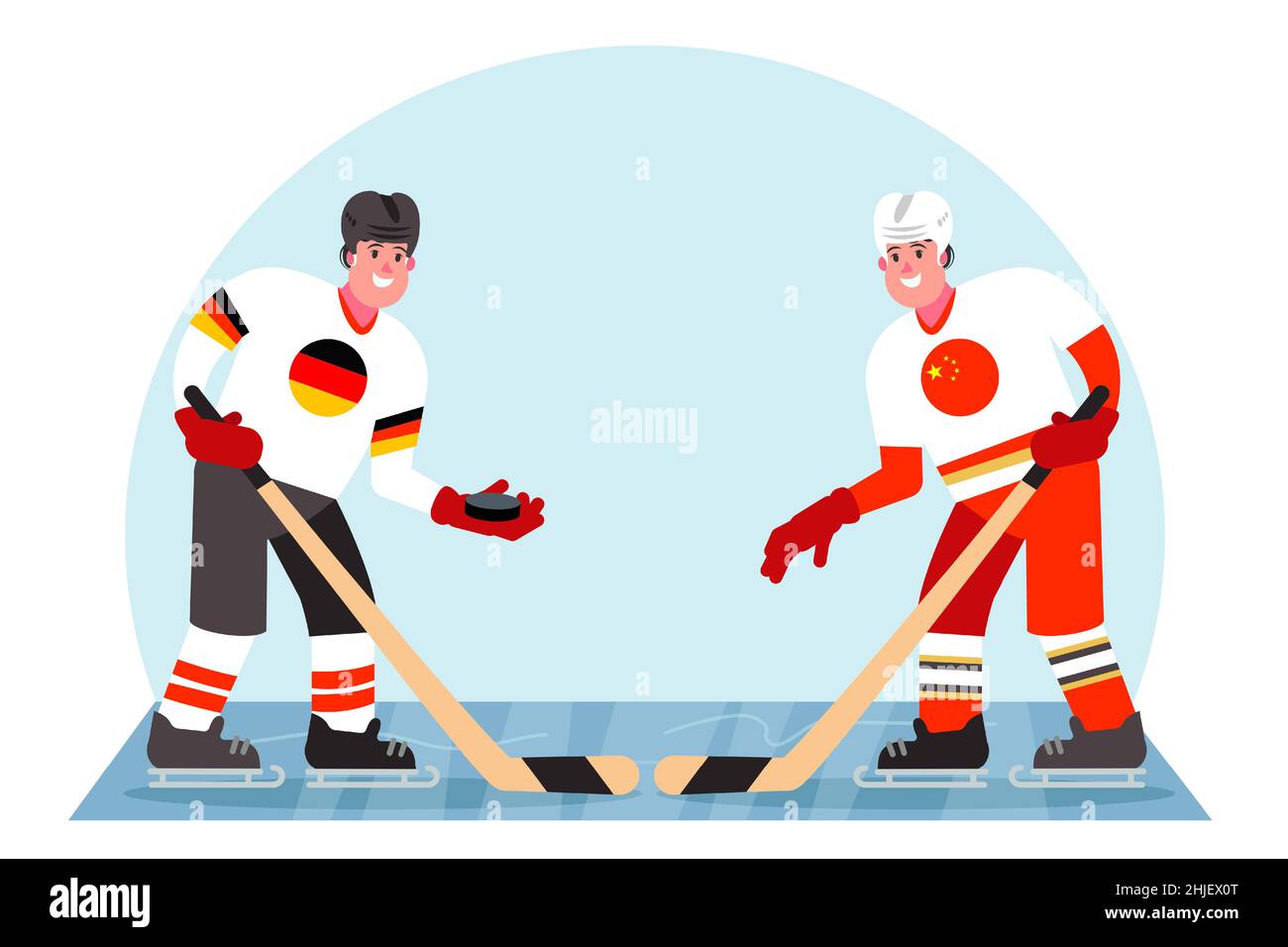 Giocatori di hockey su ghiaccio. Concorrenza tra Germania e Cina. Illustrazione vettoriale in stile piatto. Illustrazione Vettoriale Giocatori di hockey su ghiaccio. Concorrenza tra Germania e Cina. Illustrazione vettoriale in stile piatto. Illustrazione Vettoriale
