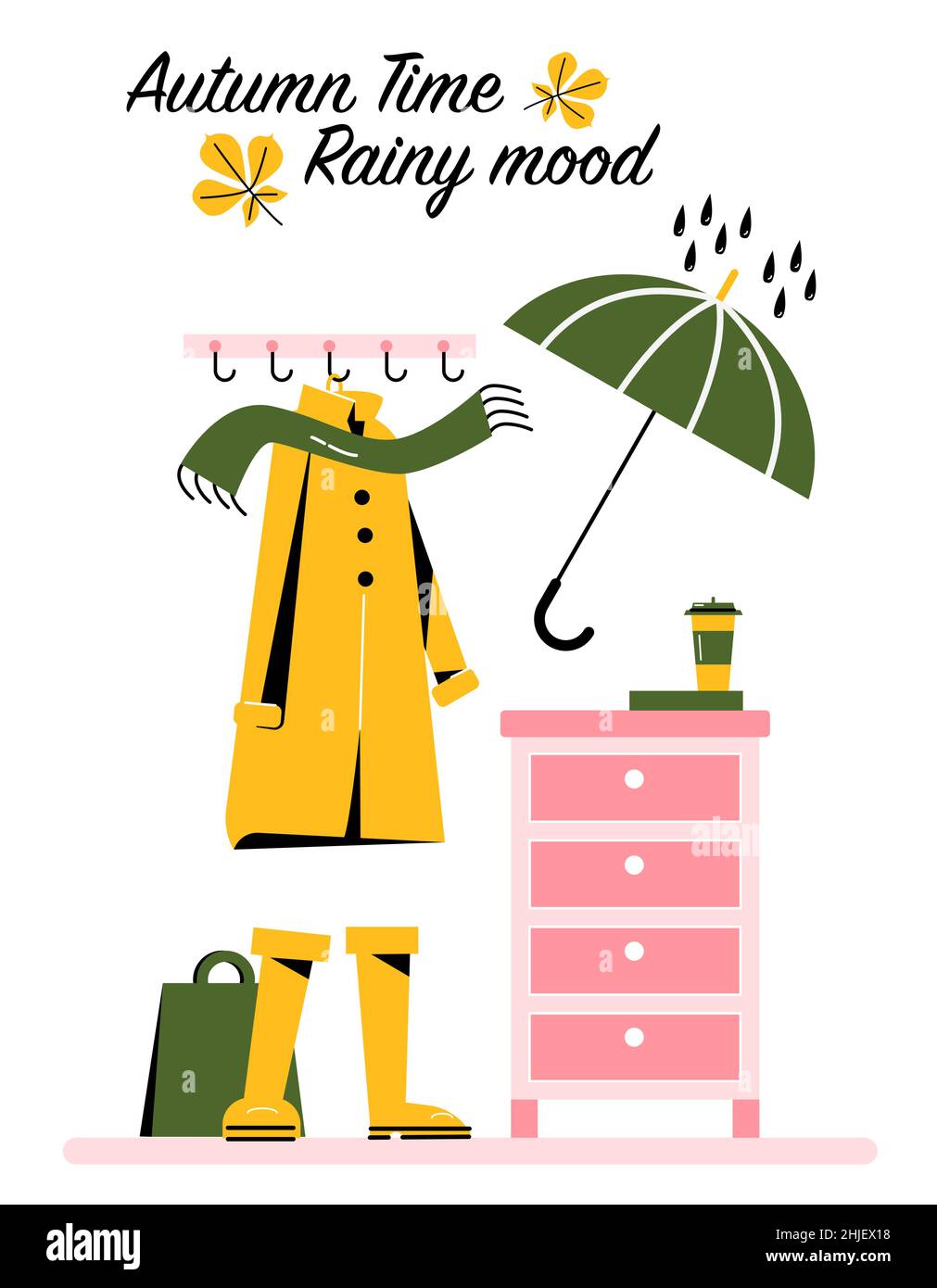 Bella carta d'autunno. Impermeabile, ombrello, stivali in gomma, gocce di pioggia, sciarpa e caffè. Look autunnale. Illustrazione vettoriale in stile piatto. Illustrazione Vettoriale