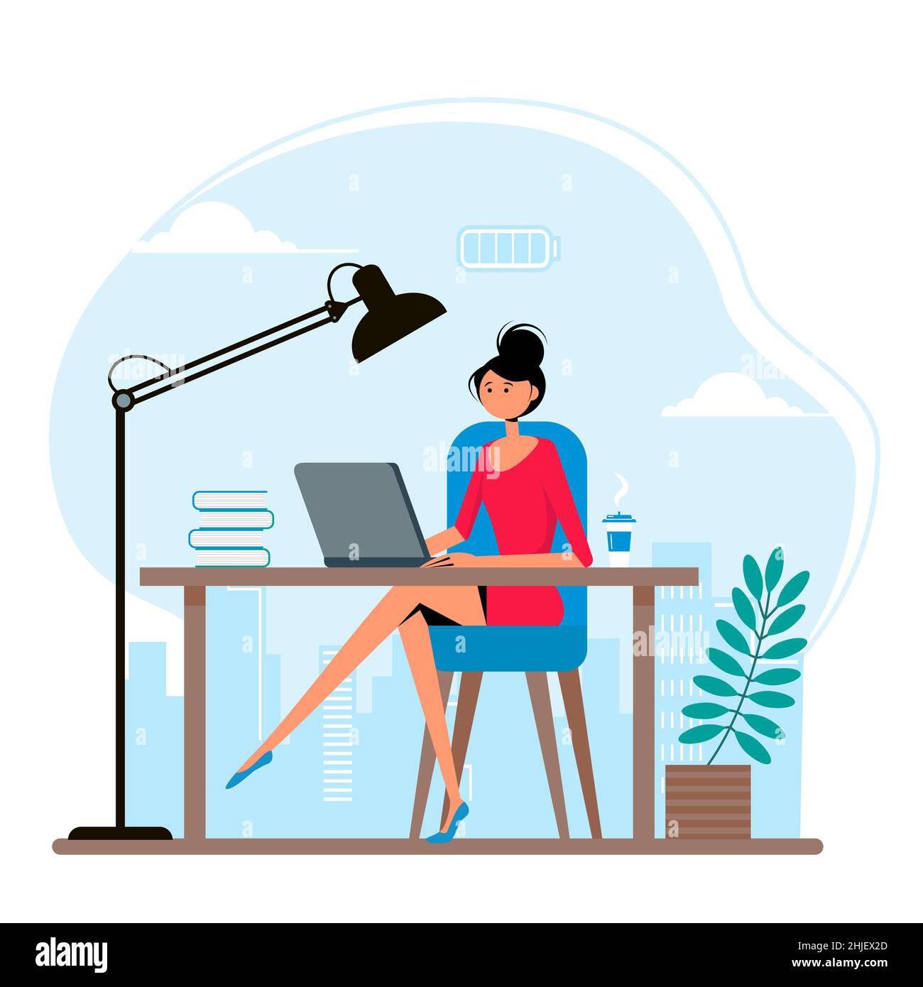 Illustrazione del concetto di lavoro di successo con il lavoratore di ufficio femminile seduto al tavolo. Illustrazione vettoriale in stile piatto. Illustrazione Vettoriale
