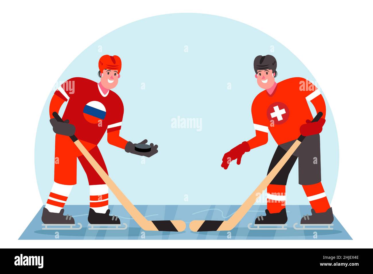 Giocatori di hockey su ghiaccio. Concorrenza tra Russia e Svizzera. Illustrazione vettoriale in stile piatto. Illustrazione Vettoriale