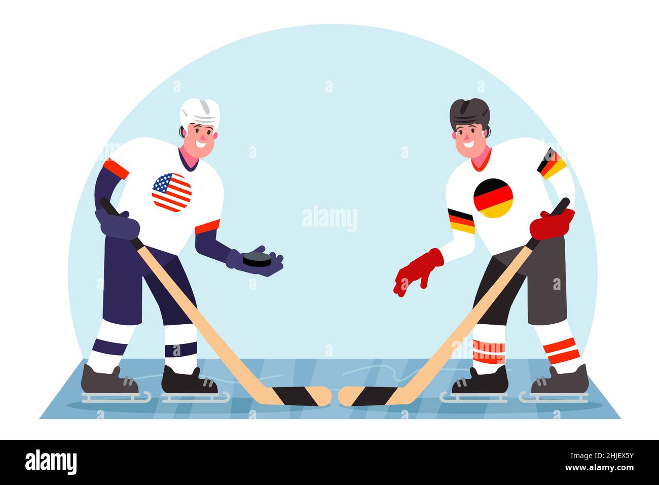 Giocatori di hockey su ghiaccio. Concorrenza tra Stati Uniti e Germania. Illustrazione vettoriale in stile piatto. Illustrazione Vettoriale