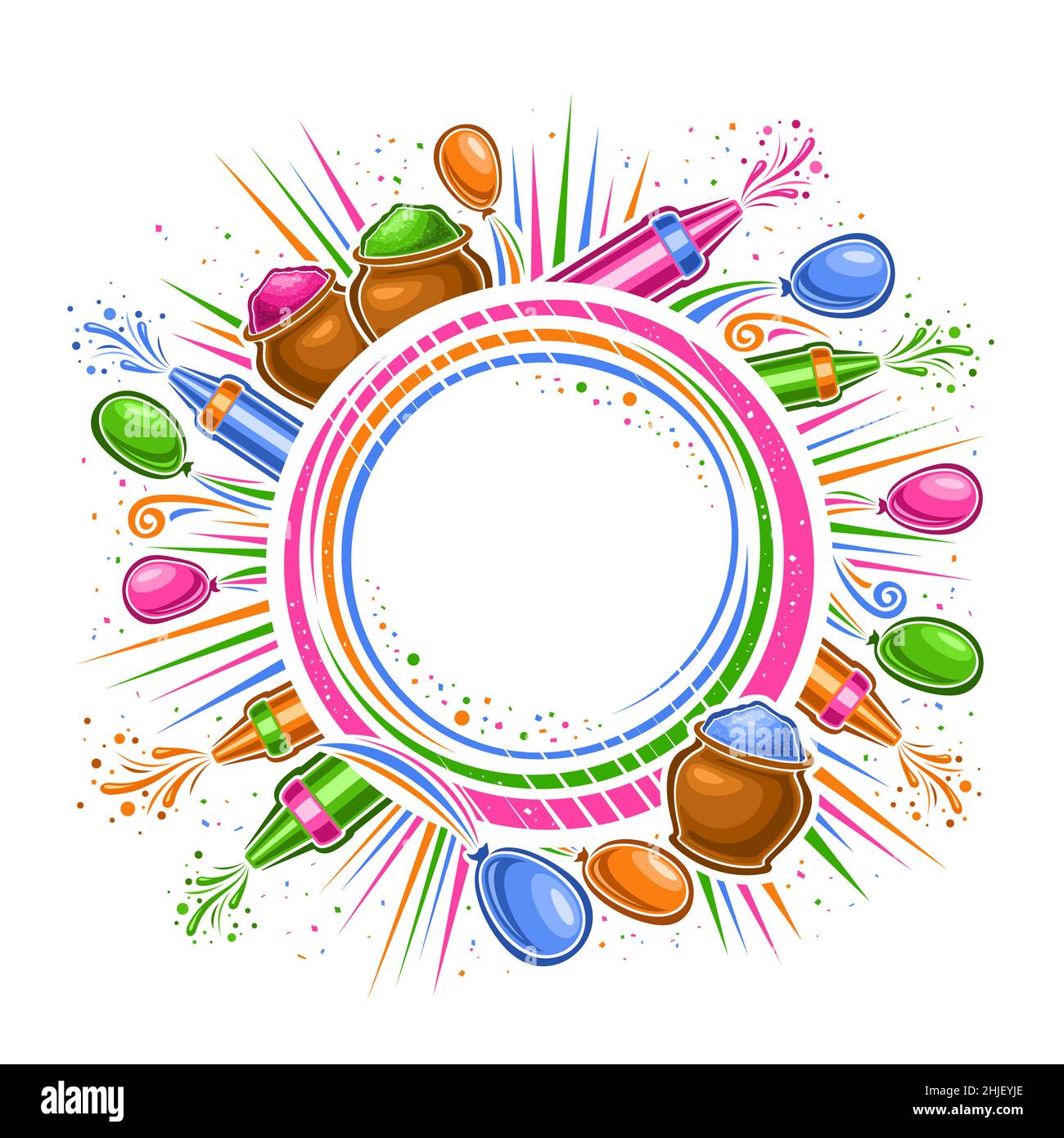 Cornice vettoriale per Festival Holi con spazio per la copia del testo, dima decorativa circolare con illustrazione dei simboli holi tradizionali, polvere gulale vivida Illustrazione Vettoriale