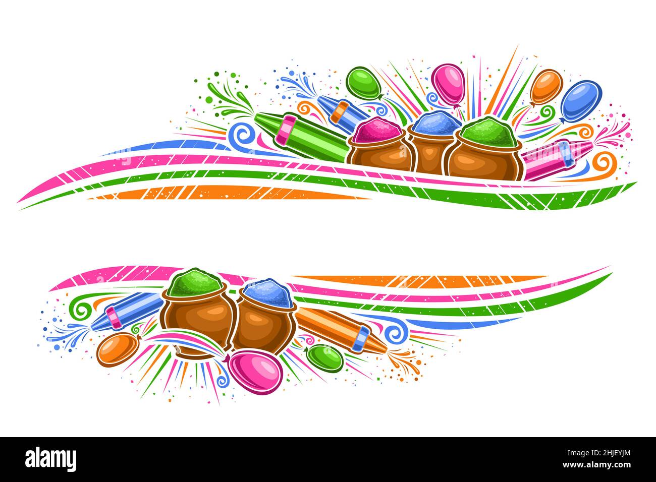Bordo vettoriale per il Festival di Holi con spazio di copia per il testo, voucher orizzontale con illustrazione dei simboli holi tradizionali, polvere gulale decorativa in Illustrazione Vettoriale