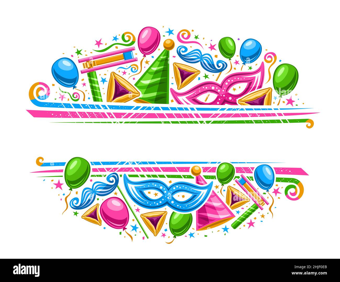 Bordo vettoriale per Purim Carnival con copyspace per testo, coupon orizzontale con illustrazione di varietà palloncini colorati, confetti decorativi e sw Illustrazione Vettoriale