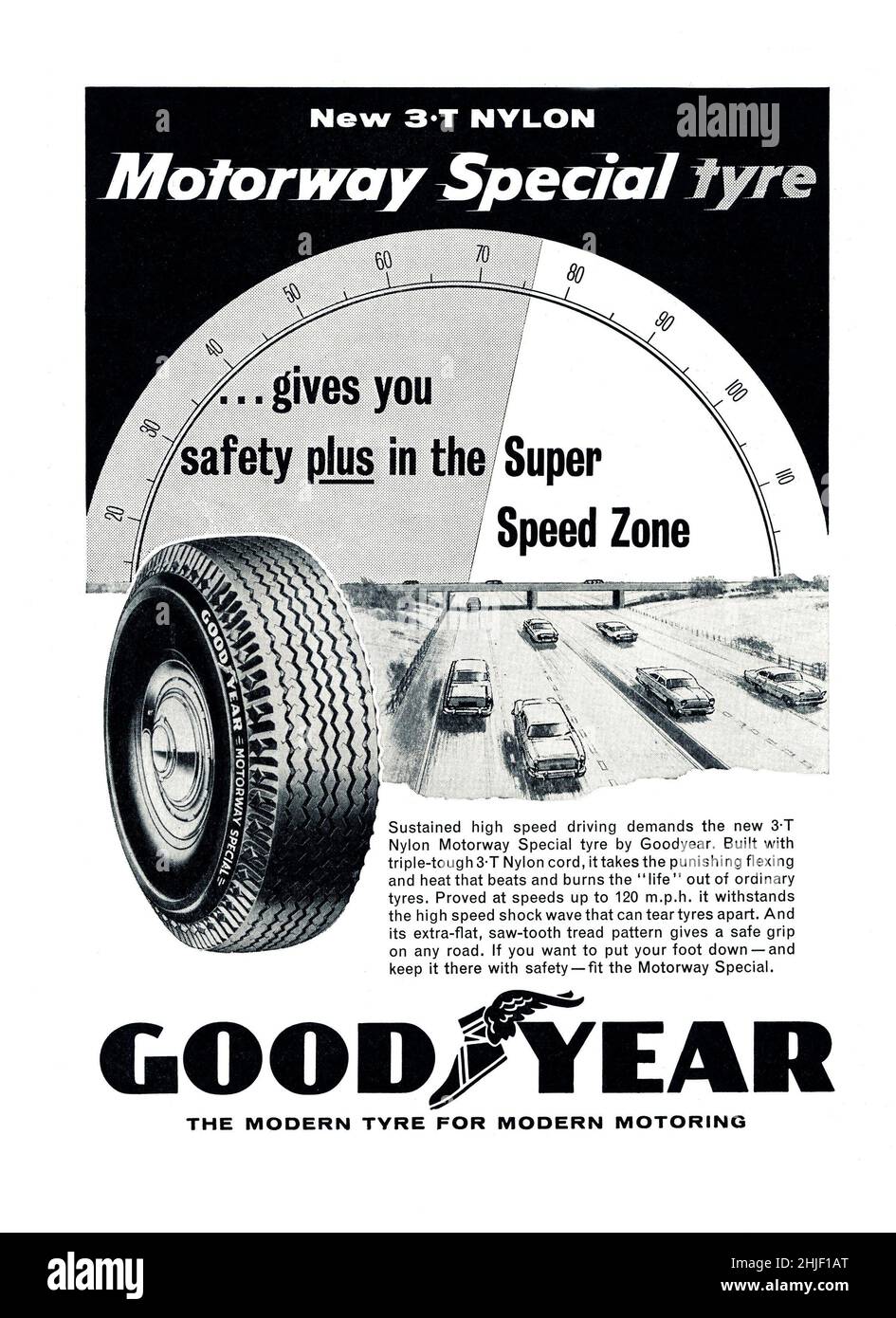 Un annuncio vintage per pneumatici Goodyear di Motor Sport Magazine, 1960 Foto Stock