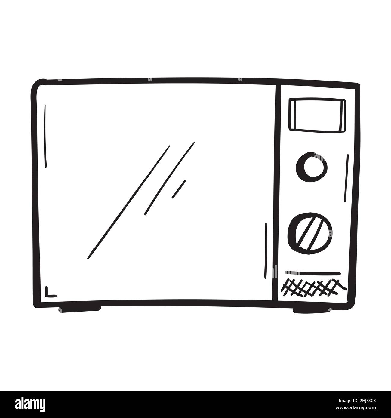 Icona forno a microonde disegnato a mano in stile doodle isolato. Illustrazione Vettoriale