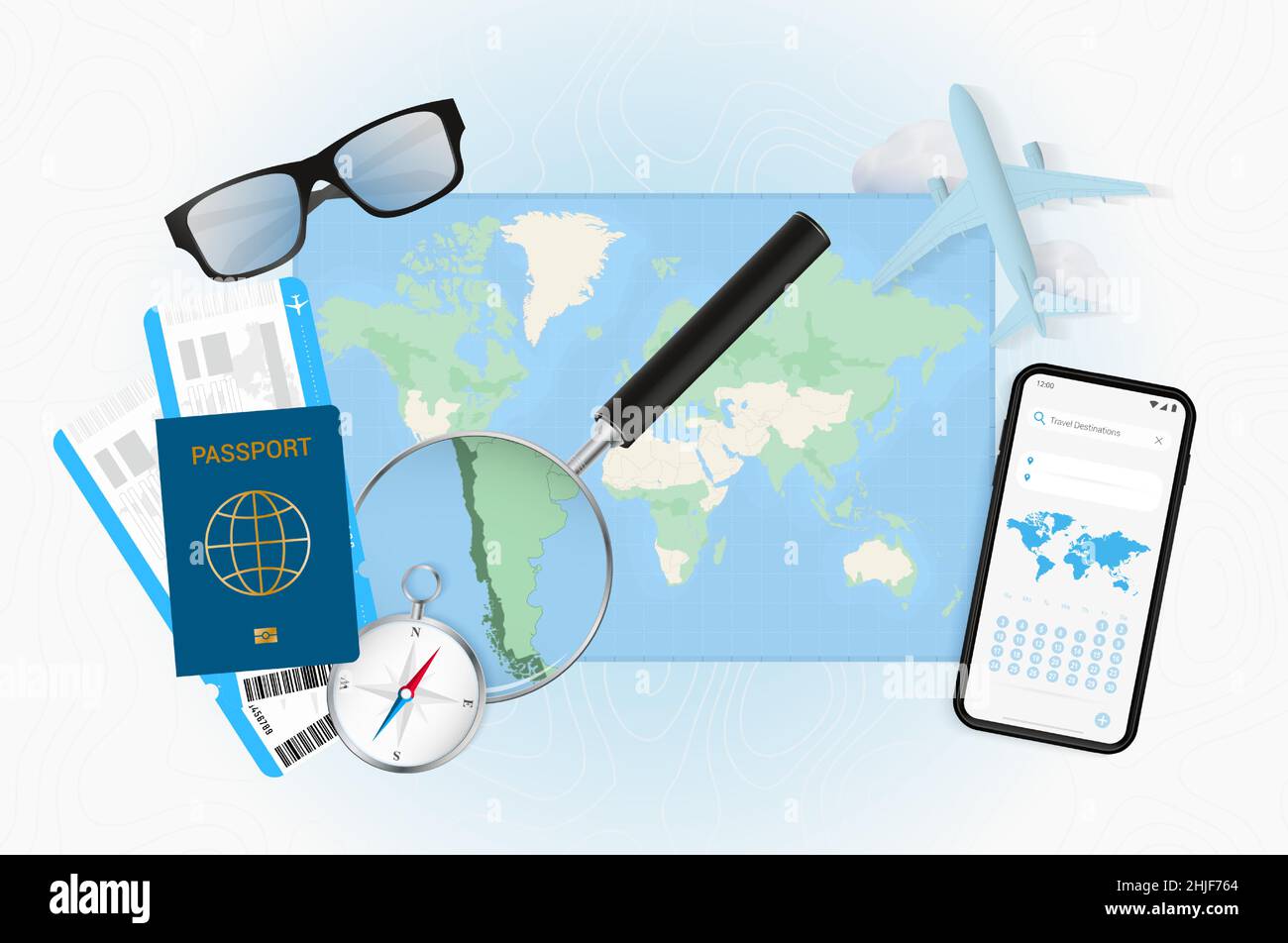 Illustrazione concettuale di un viaggio in Cile con attrezzatura da viaggio. Mappa del mondo con bussola, passaporto, biglietti, cellulare, aereo e vetro. Illustrazione Vettoriale