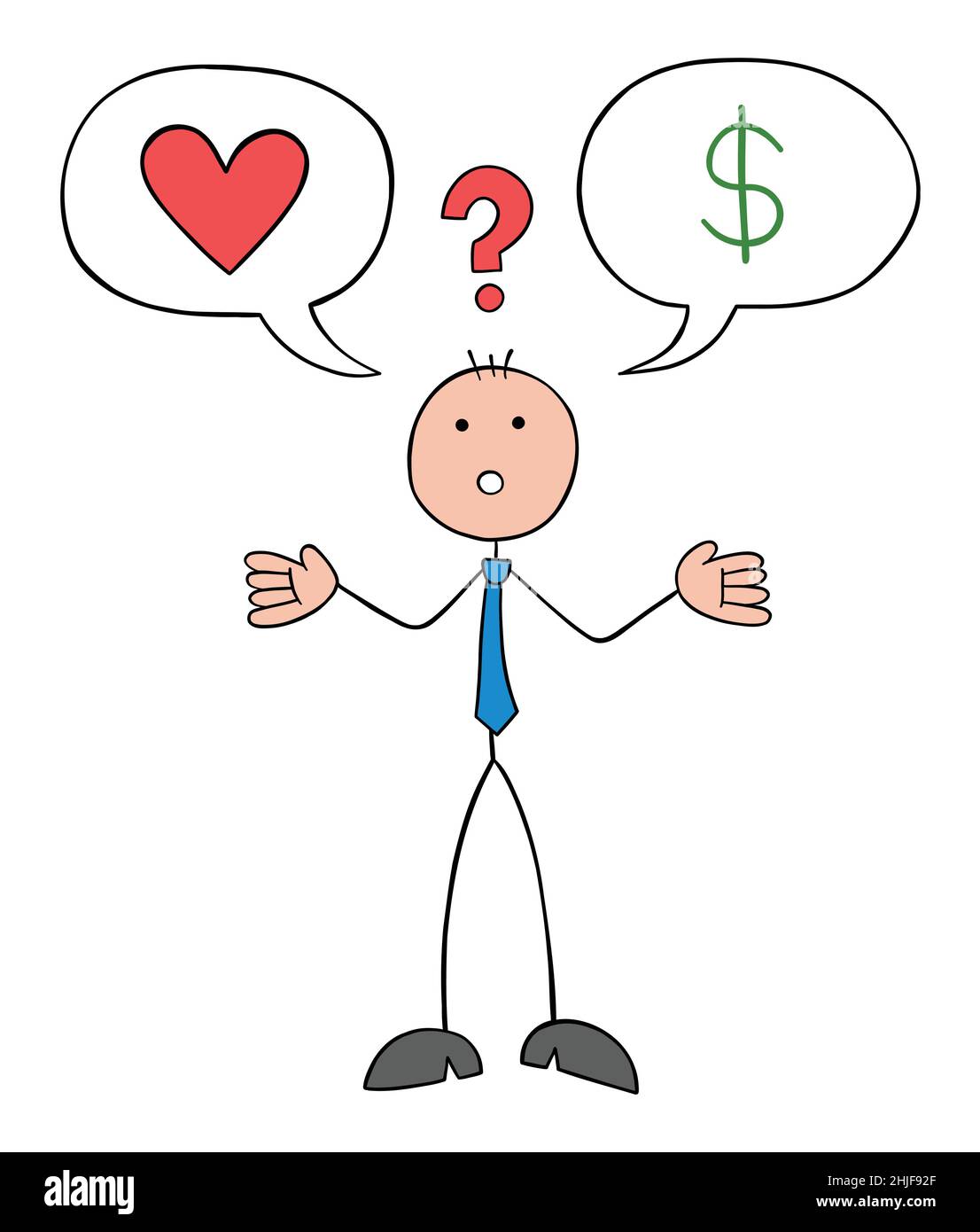 Stickman businessman è bloccato tra amore e denaro e non può decidere. Illustrazione vettoriale di cartoni animati disegnata a mano. Illustrazione Vettoriale