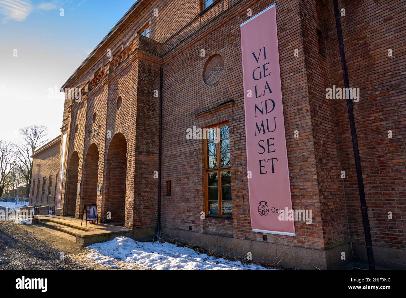 Esterno del Museo Vigeland a Frogner, West End Oslo, Norvegia, in inverno. Foto Stock