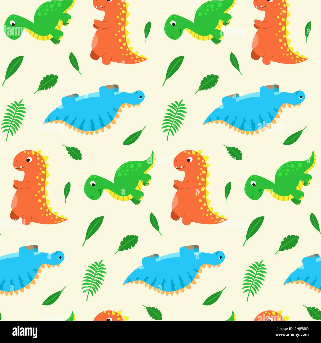 Modello senza cuciture con divertenti dinosauri cartoni animati. Stampa carina per i vestiti dei bambini, tessuti, arredamento stanza del vivaio. Sfondo bambino per tessuto, cartolina Illustrazione Vettoriale