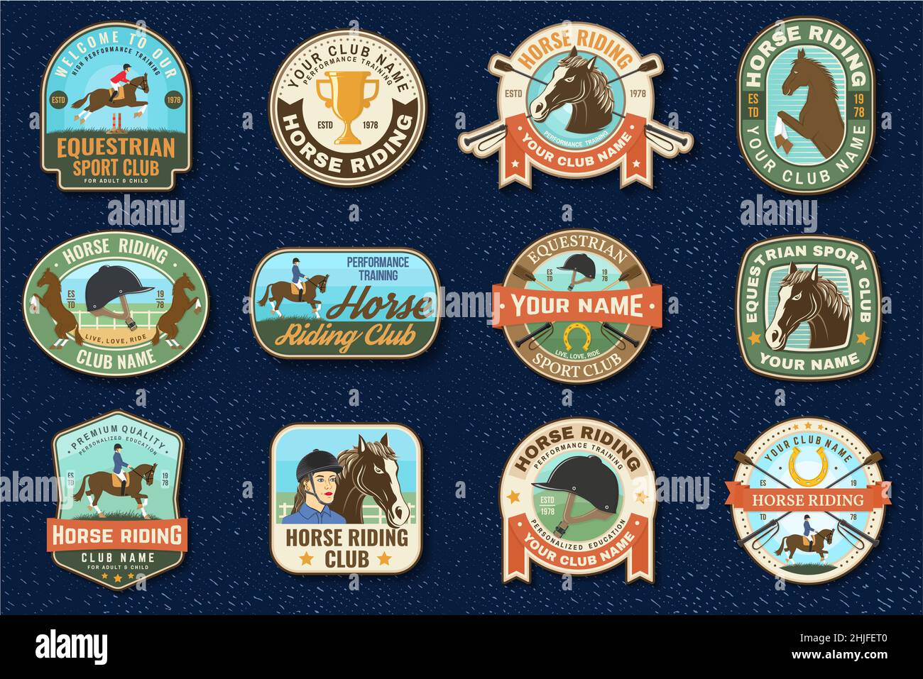 Set di badge, patch, emblema, logo del club sportivo di corse ippiche. Illustrazione vettoriale. Etichetta equestre vintage, adesivo con sagome per cavalieri e cavalli Illustrazione Vettoriale